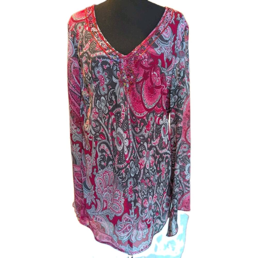 Metrostyle Women's Red Paisley V-Neck Long Sleeve Blouse Top Size 16 Lined